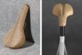 Cork saddle on the ground and on a white bicycle