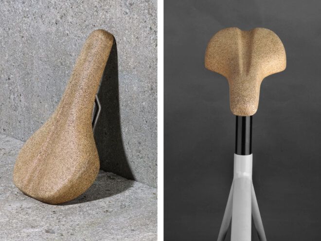 Cork saddle on the ground and on a white bicycle