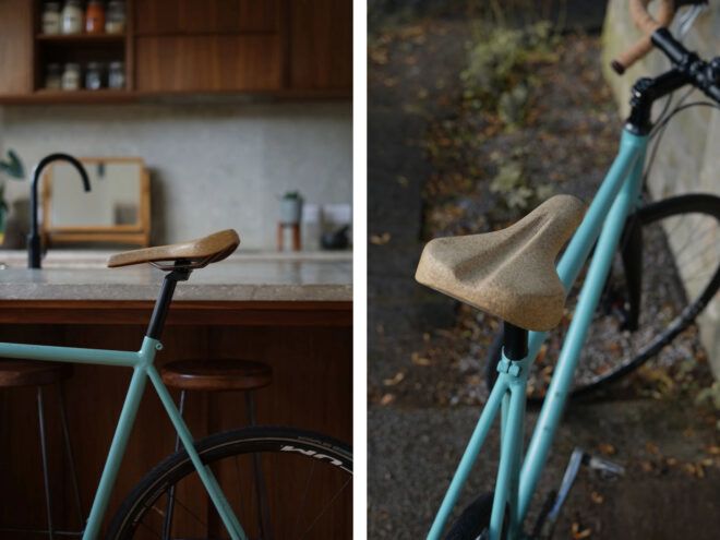 Cork saddle on a light blue bike