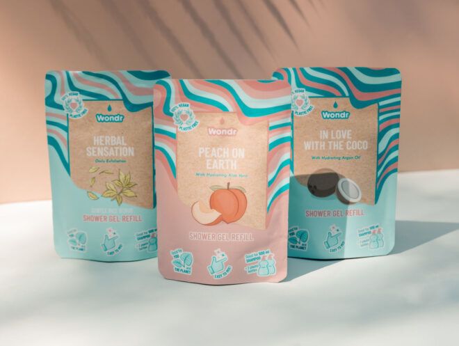 Three scents of shampoo and body wash in pink and blue