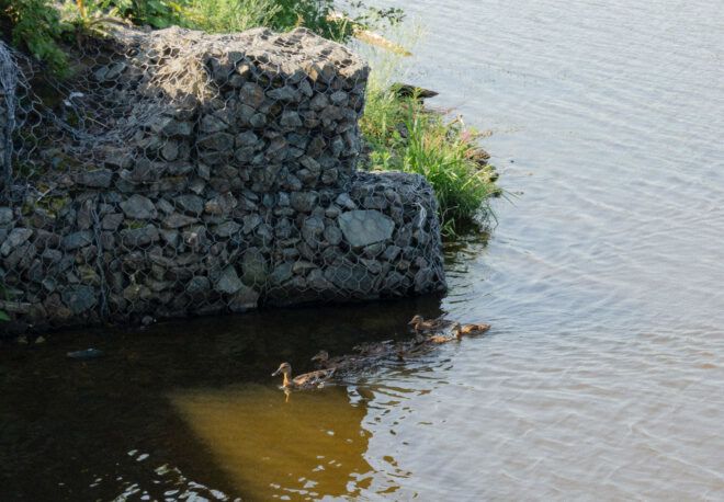 A gabion wall on the water