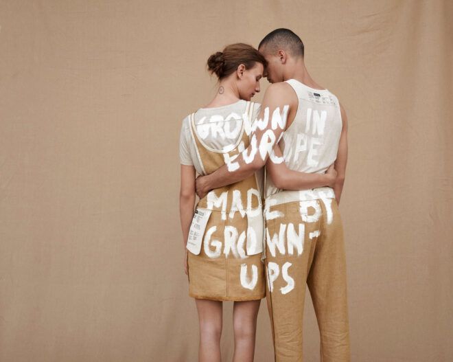 Two people wearing tan clothes