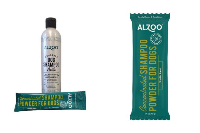 A shampoo bottle and powder shampoo package