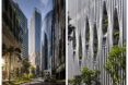 Two images left to right: A high-rise building within a metropolis, an up-close of the mesh detailing of the high-rise