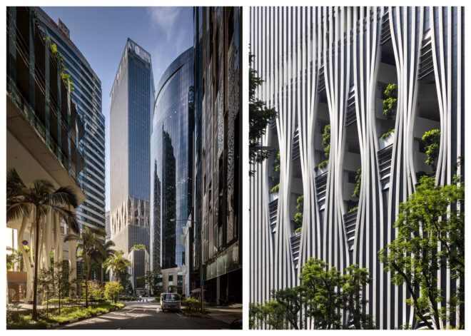 Two images left to right: A high-rise building within a metropolis, an up-close of the mesh detailing of the high-rise