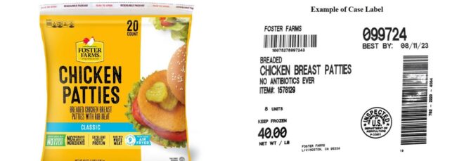 A pack of chicken patties and a close-up image of the product description
