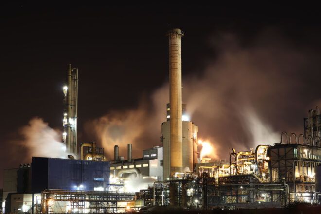 An industrial plant at night
