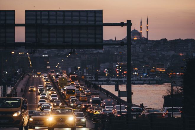 Traffic jam at dusk