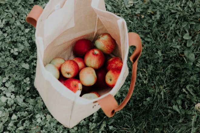 Apples inside a reusable cloth bag