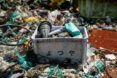Crate with plastic waste amidst a heap of fishing waste extracted from the GPGP