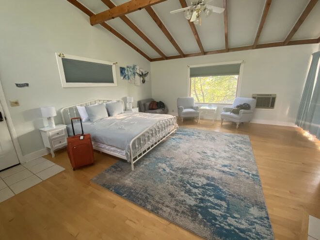A large room with a single bed, ceiling fan, two armchairs and a window with a large water-colored rug