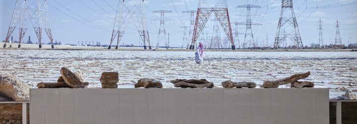 A table with an assortment rocks set with a background of powerlines