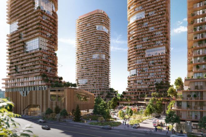 Four high-rise buildings with a center pavilion area
