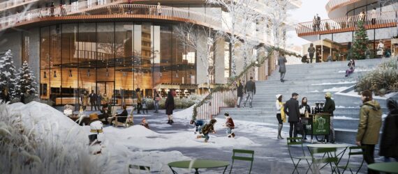 A gathering space with stairs on the right and a snowy landscape