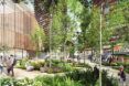 An outdoor pavilion with walkways interspersed with plants
