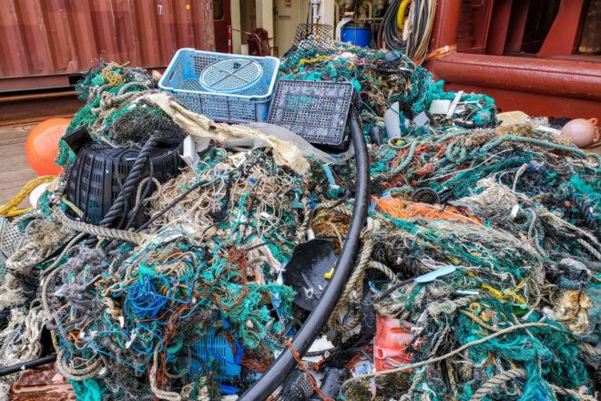 Heap of waste, primarily fishing materials extracted from the GPGP