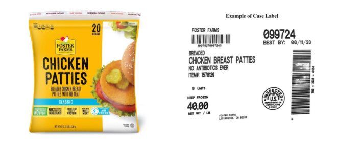 A pack of chicken patties and a close-up image of the product description