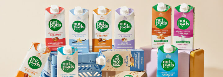 An array of Nutpods coffee creamers against a cream background