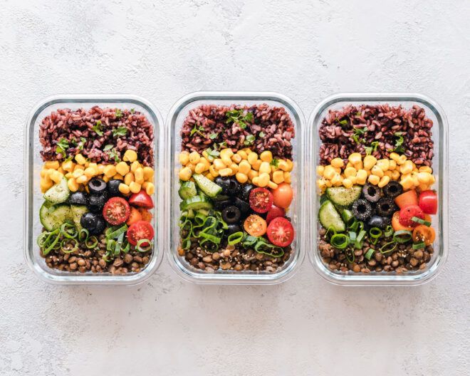 Glass containers filled with meal prep