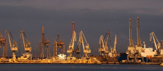 Oil rigs and machinery floating on an ocean