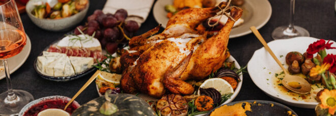 A Thanksgiving dinner full of a variety of food