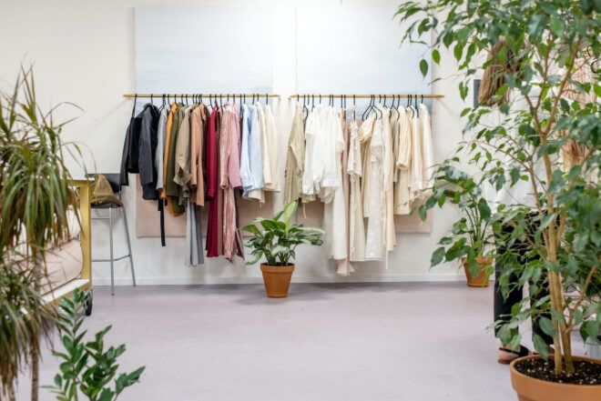 Clothing rack of neutral-colored clothes