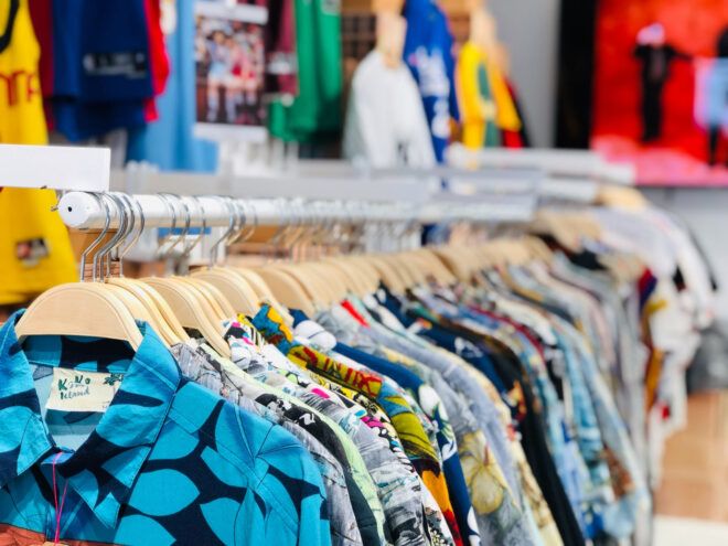 Hawaiian T-shirts on a clothing rack