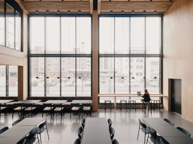 Tall glass windows in a lounge or lunchroom