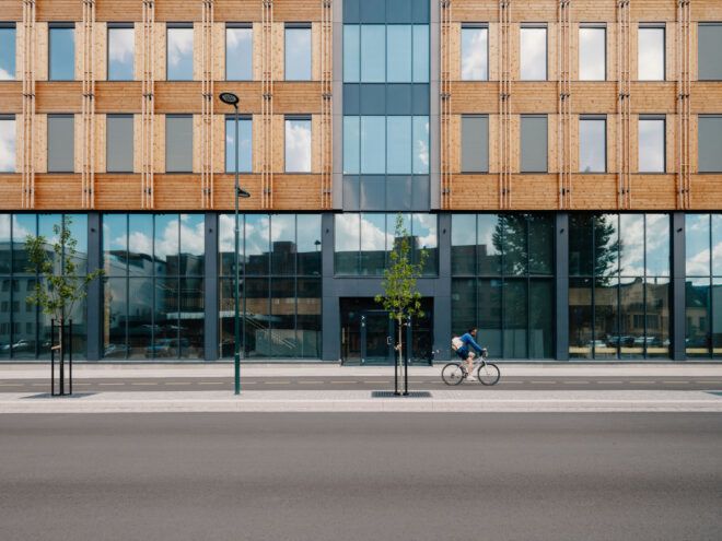 Street view of the wood building