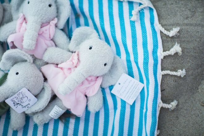 Stuffed elephant toys in a tutu