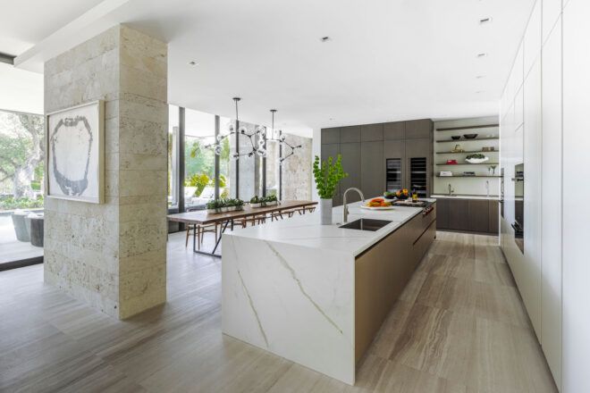 Marbled countertop in kitchen