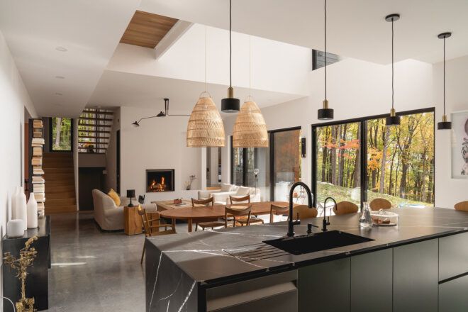 A dining area connected to a kitchen area