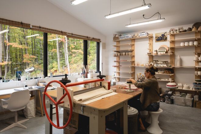 A workshop area facing a window