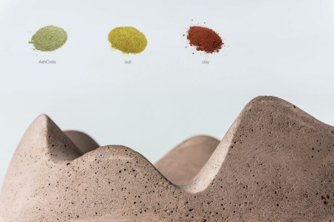Bowl with an undulating edge and three powdered materials shown above