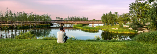 A man sitting down beside a river overlooking a park