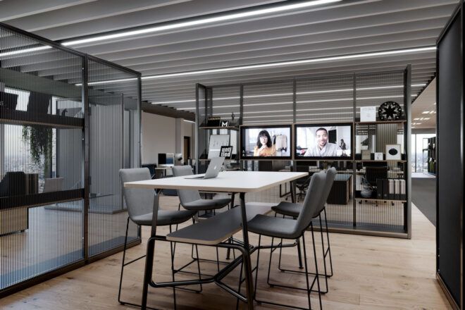 Meeting area divided by metal walls