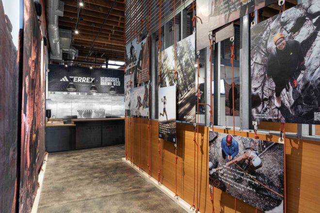 Wall of photos inside pop up store