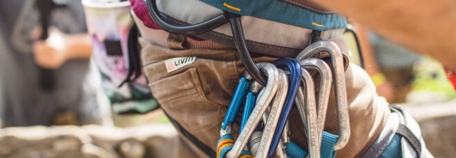Hiker gear attached to canvas pants