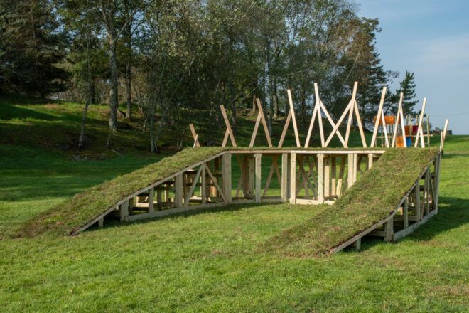 Wooden slope that blends into the grass