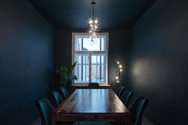 Dark paint office space for contrasting color design