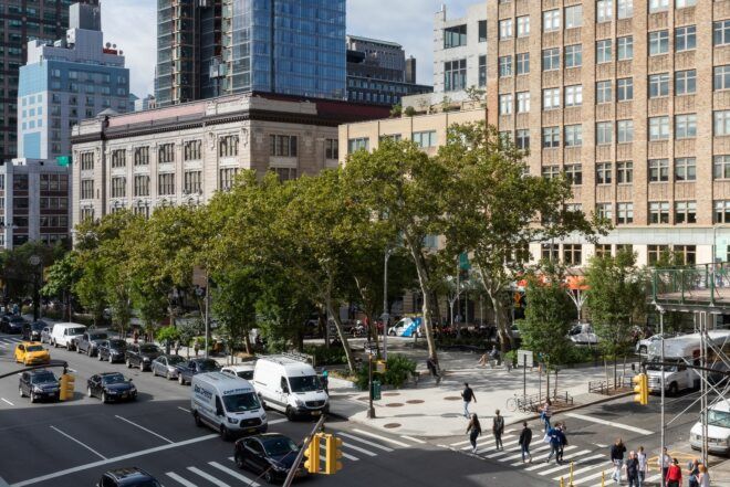 A park at an intersection of a city