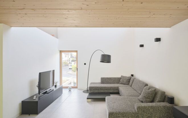 Gray couch and timber ceiling living room