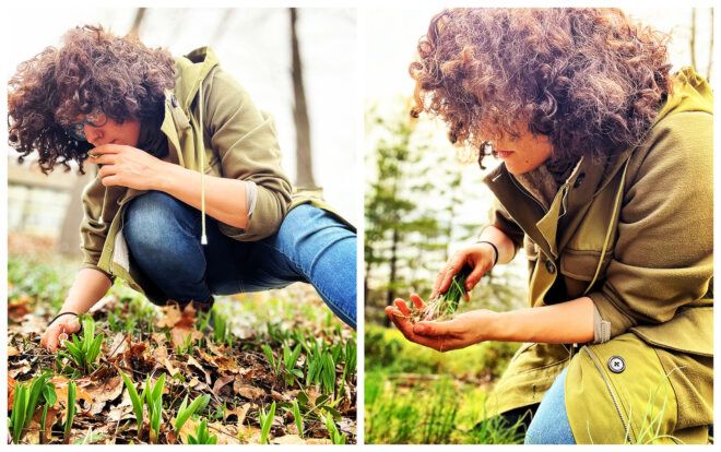 A woman foraging on the ground