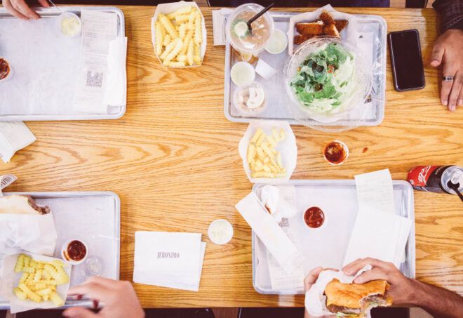 A cafeteria-like lunch with trays