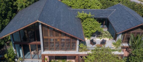 An aerial view of a wooden home in Vietnam