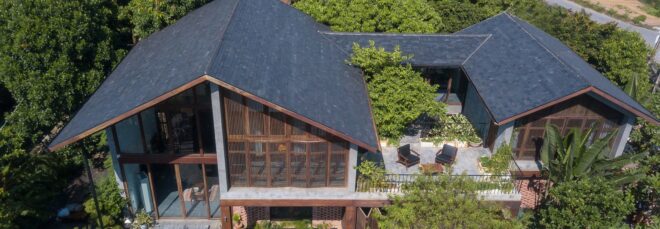 An aerial view of a wooden home in Vietnam