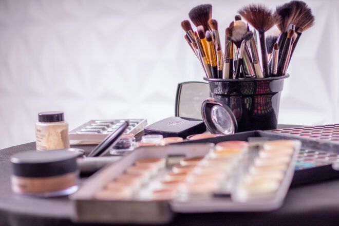A display of makeups and makeup brushes