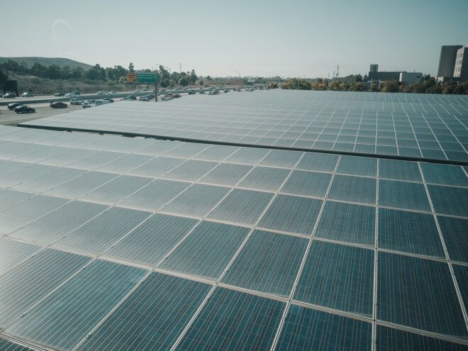 A roof covered in solar panels