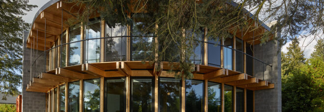 A rounded house with window panels