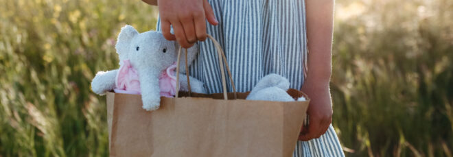 Stuffed elephants in paper bag for gifting